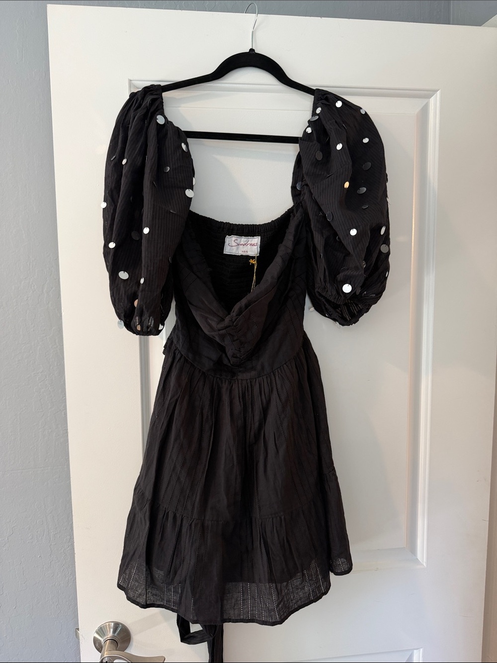 Sundress Black Puff-Sleeve Polka Dot Mini Dress - Women